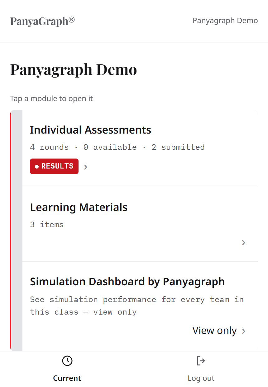 Demo class home screen, showing rounds and materials for a learner